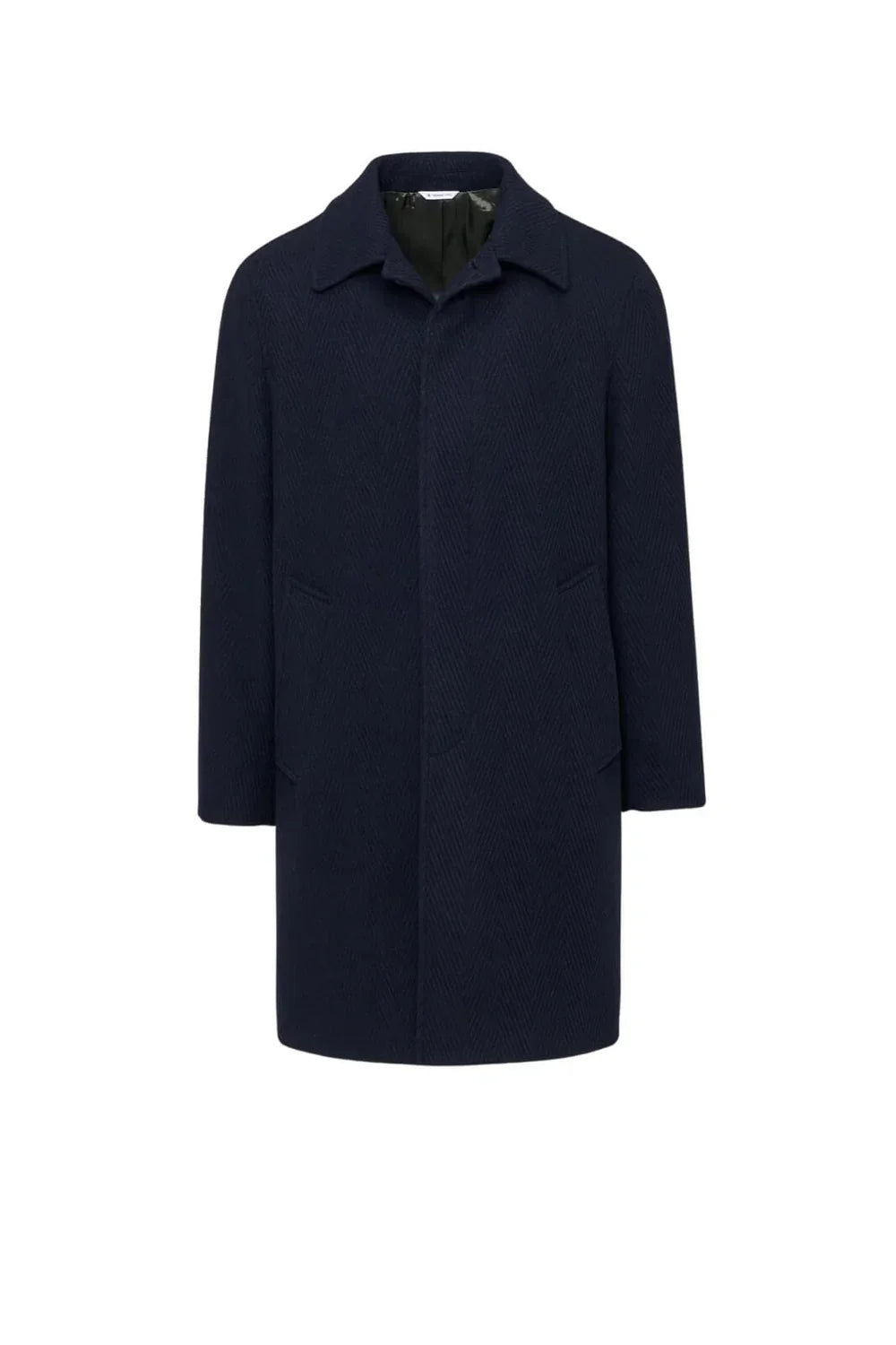 Cappotto uomo blu in lana con tasche laterali e collo classico