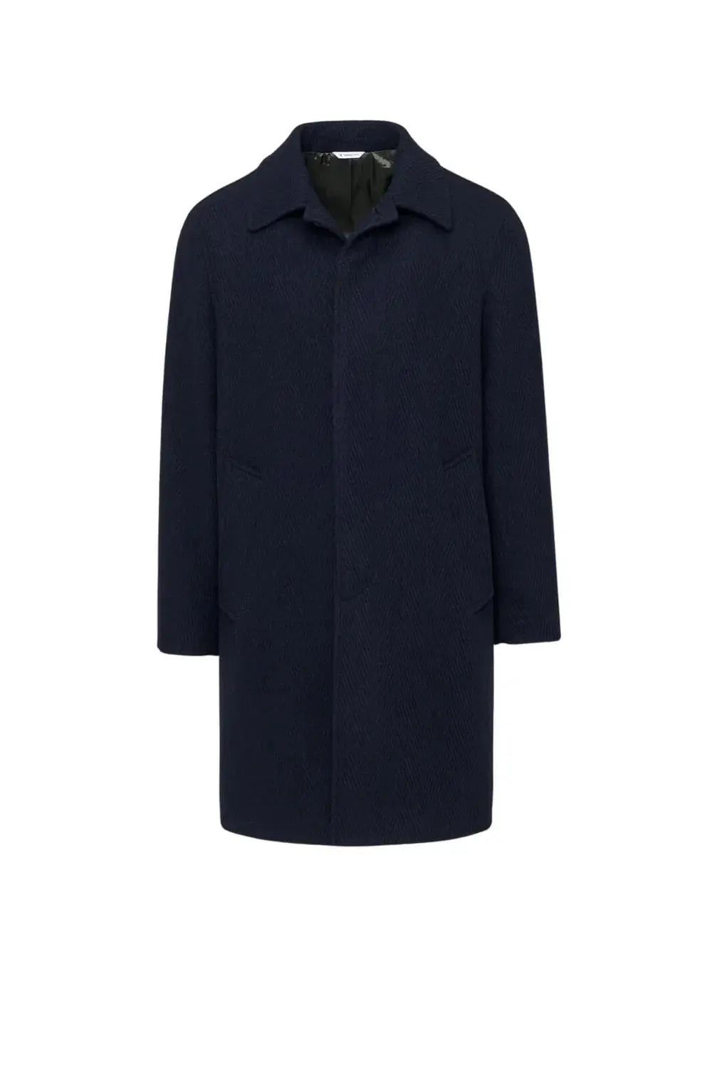 Cappotto uomo blu in lana con tasche laterali e collo classico