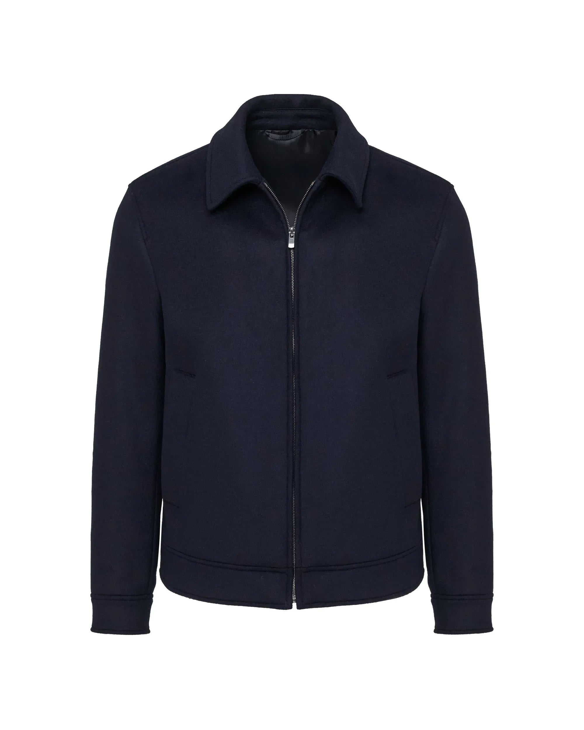 Giubbotto uomo blu scuro in panno con zip, stile casual elegante, maniche lunghe