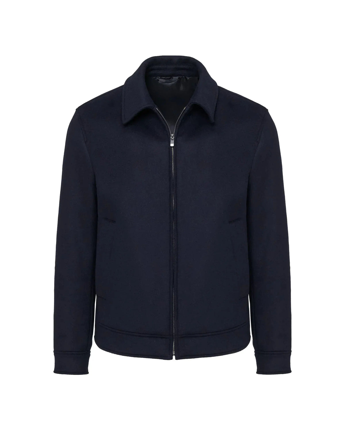 Giubbotto uomo blu scuro in panno con zip, stile casual elegante, maniche lunghe