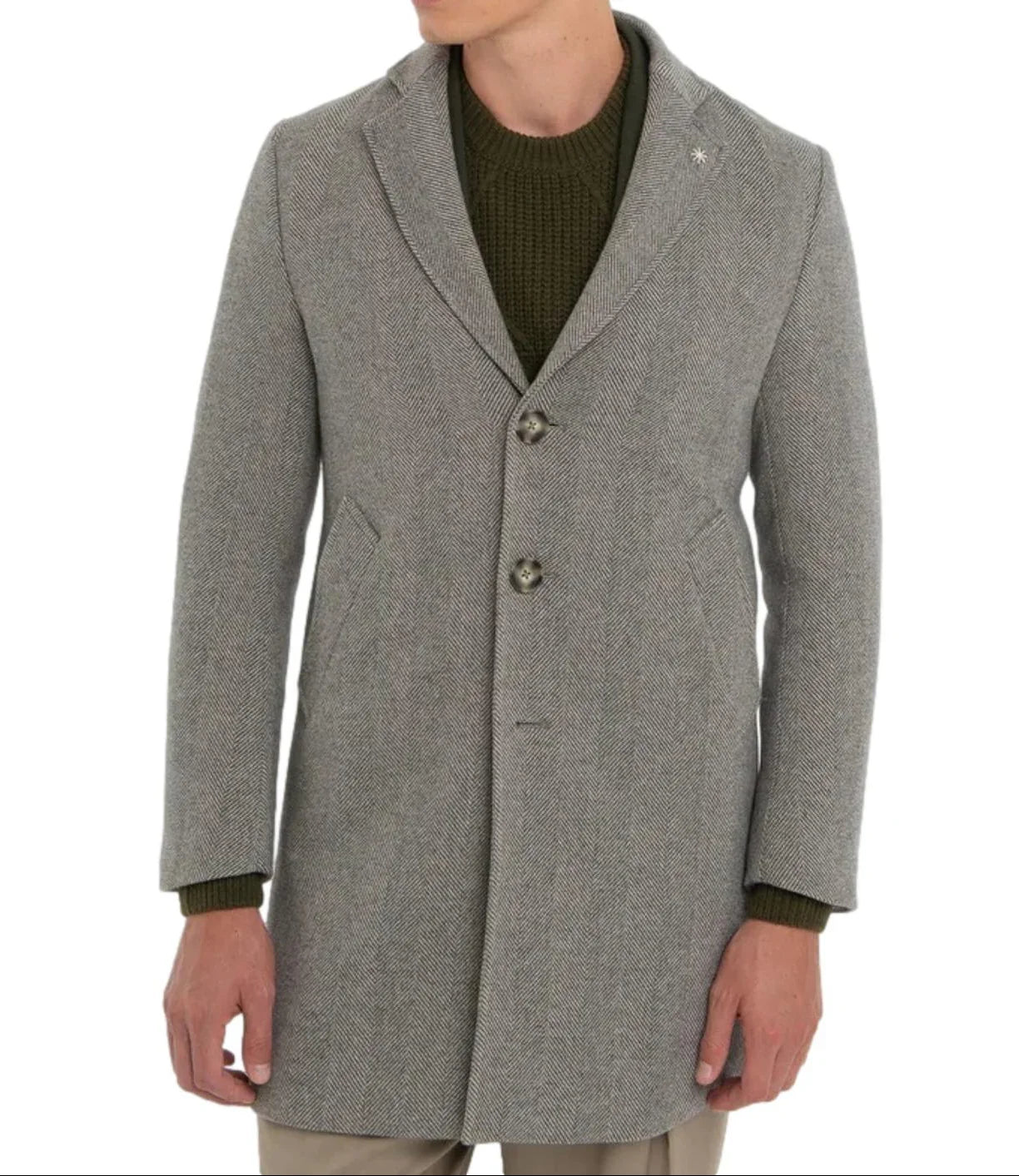 Cappotto uomo grigio chiaro in spina di pesce, bottoni frontali, stile elegante