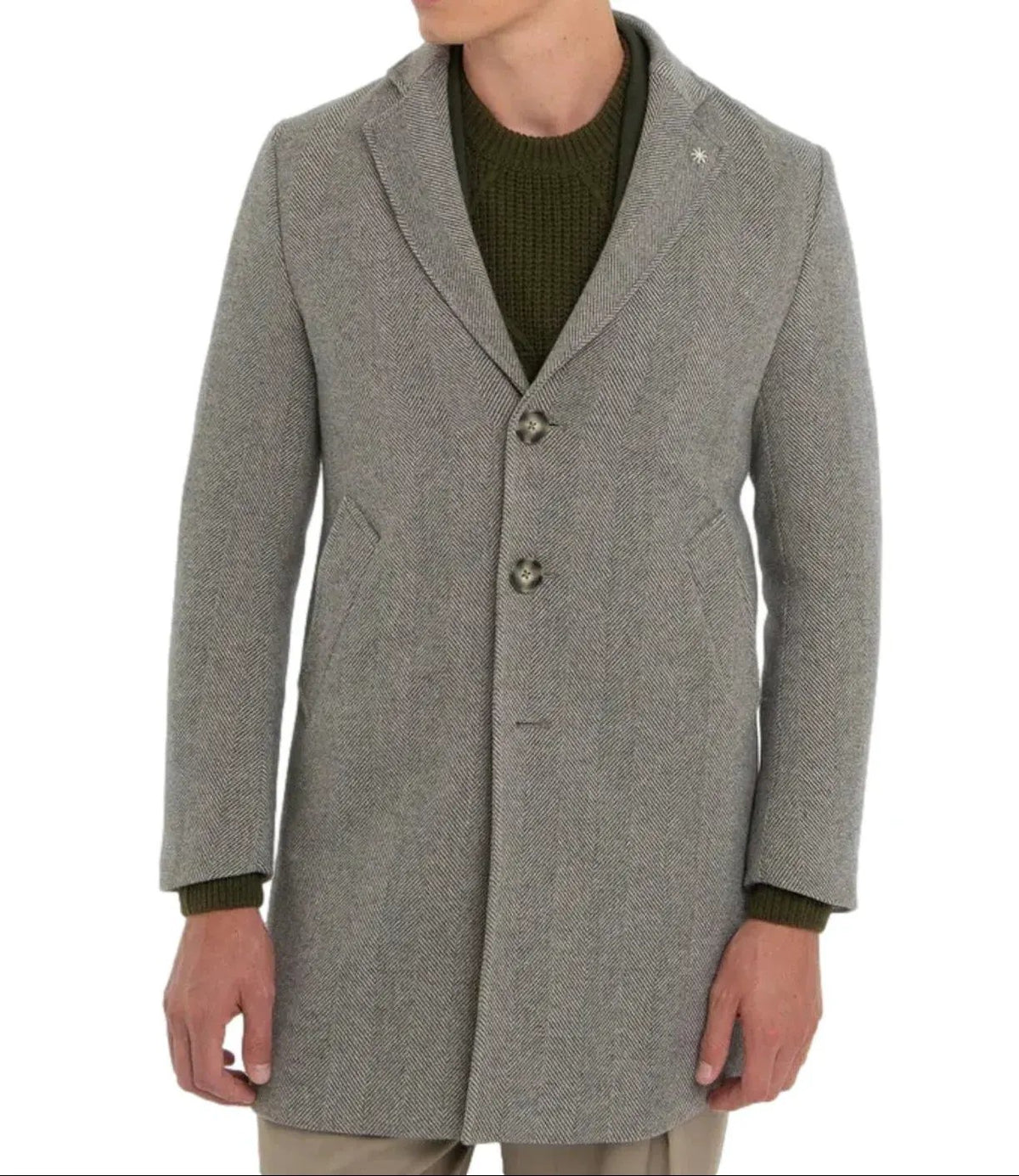 Cappotto uomo grigio chiaro in spina di pesce, bottoni frontali, stile elegante