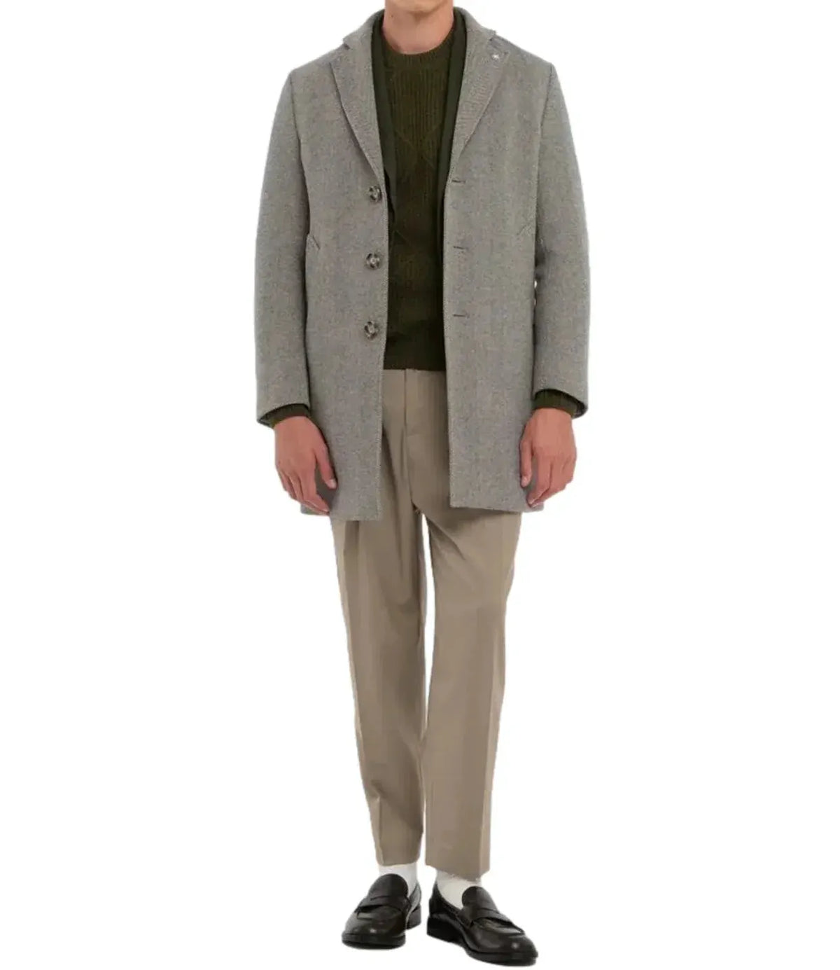 Cappotto uomo grigio chiaro a spina di pesce, stile elegante, abbigliamento moda uomo