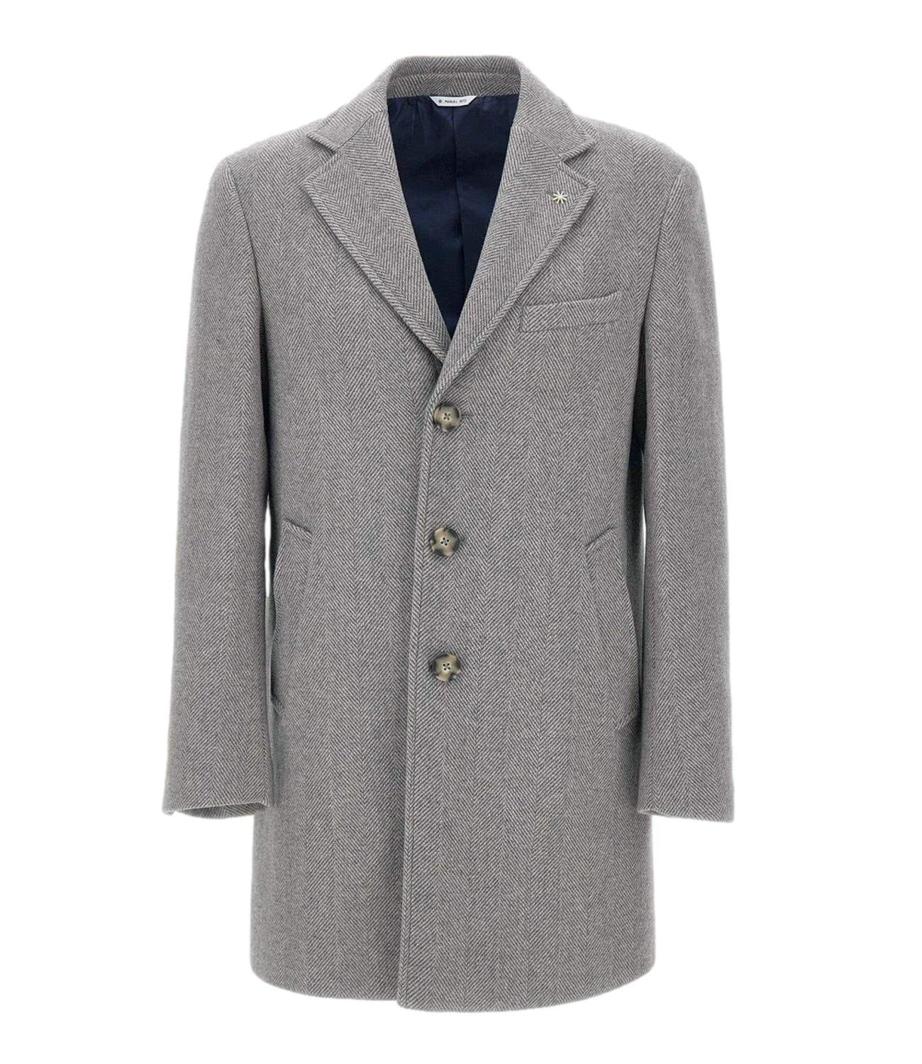 Cappotto uomo grigio chiaro spina di pesce, elegante, tre bottoni, tasche laterali.