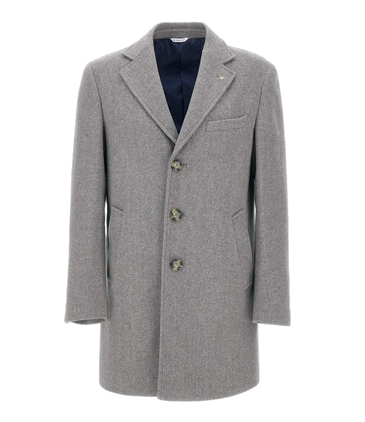Cappotto uomo grigio chiaro spina di pesce, elegante, tre bottoni, tasche laterali.