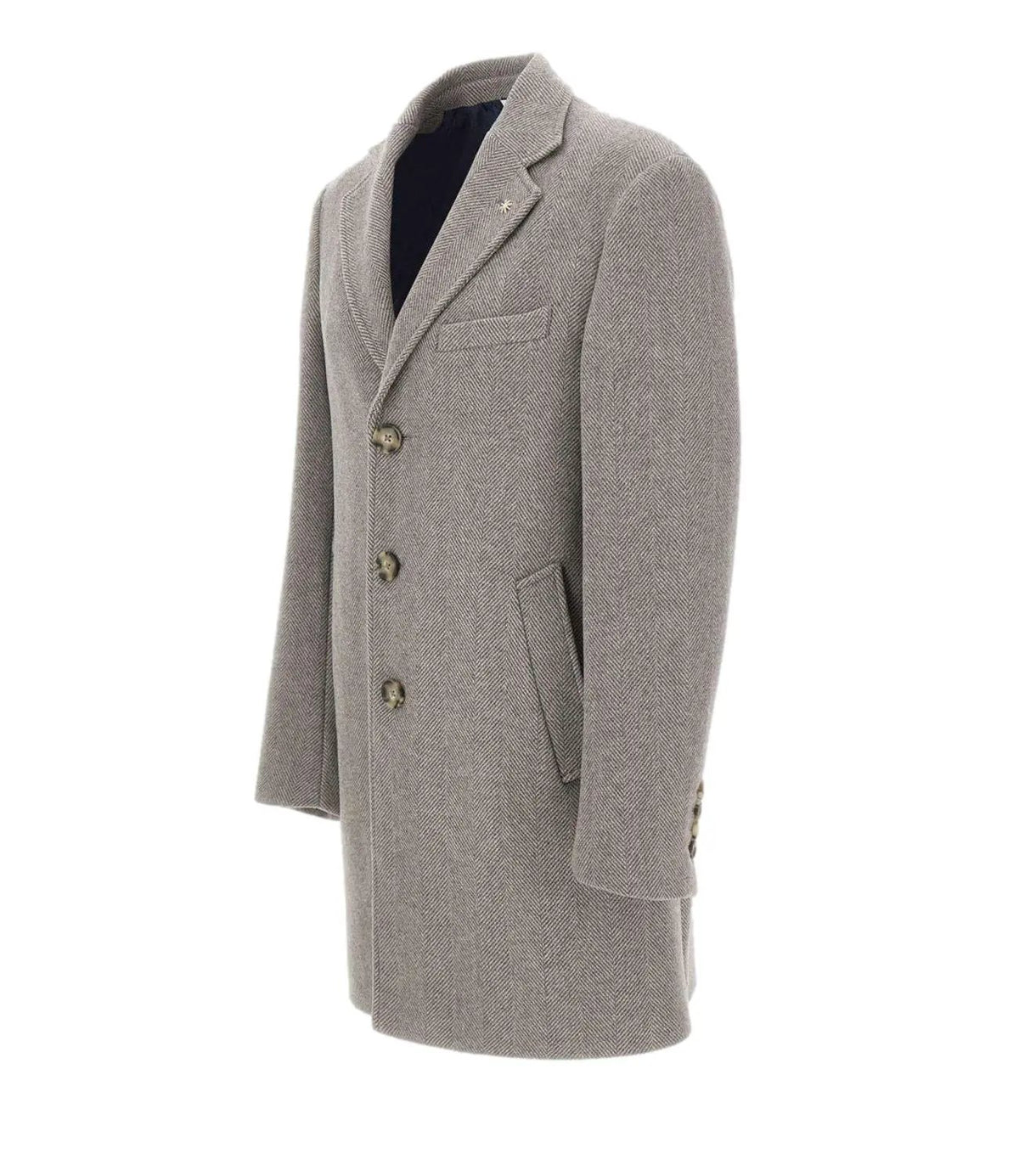 Cappotto uomo grigio chiaro in lana spina di pesce, elegante, con bottoni e tasche