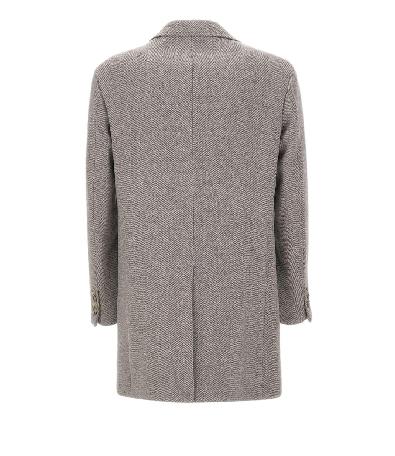 Cappotto uomo grigio chiaro tessuto spina di pesce, retro, bottoni sulle maniche
