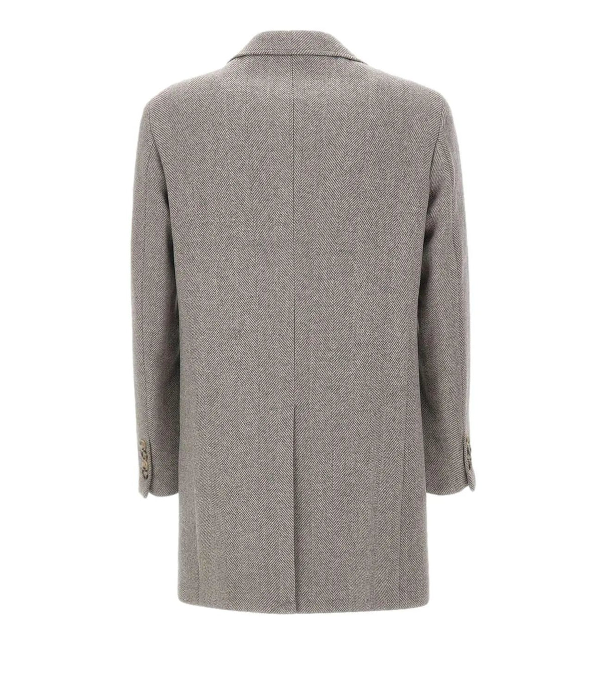 Cappotto uomo grigio chiaro tessuto spina di pesce, retro, bottoni sulle maniche