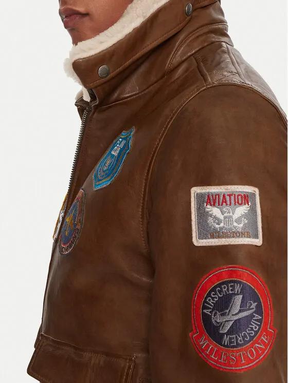 Giacca in pelle Milestone MSMatti Aviatore Cuoio - Dettaglio colletto e chiusura zip