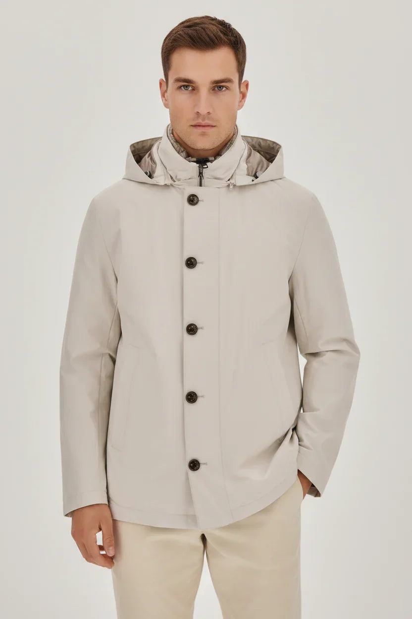 Trench uomo avorio elegante con cappuccio e bottoni, abbigliamento uomo moda