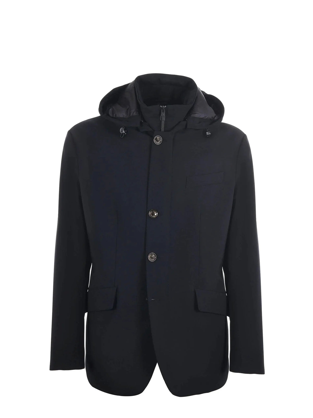 Giacca uomo blu scuro con cappuccio staccabile, tre bottoni, elegante e moderna