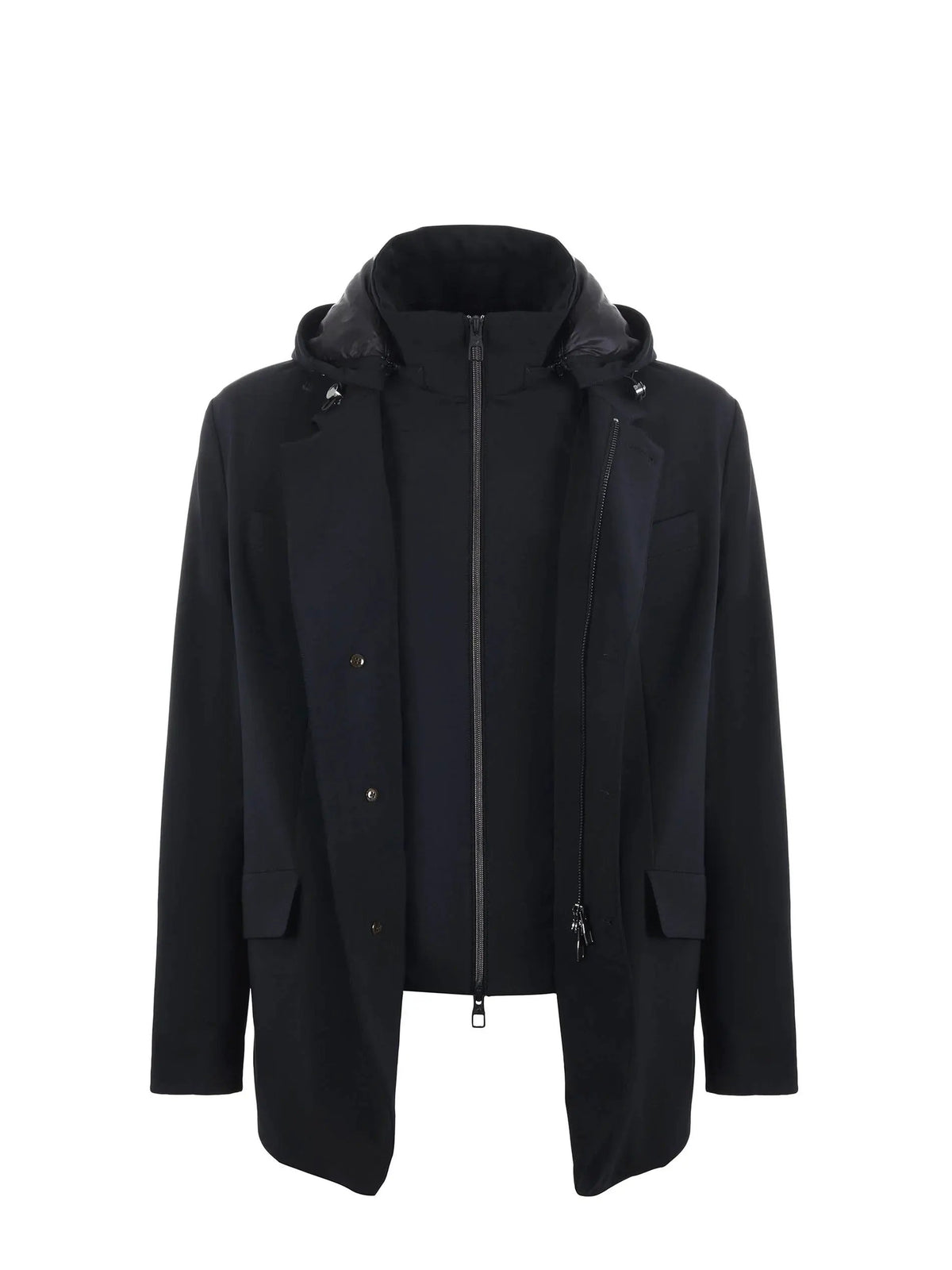 Giacca uomo blu scuro con cappuccio, zip centrale e bottoni, stile elegante casual