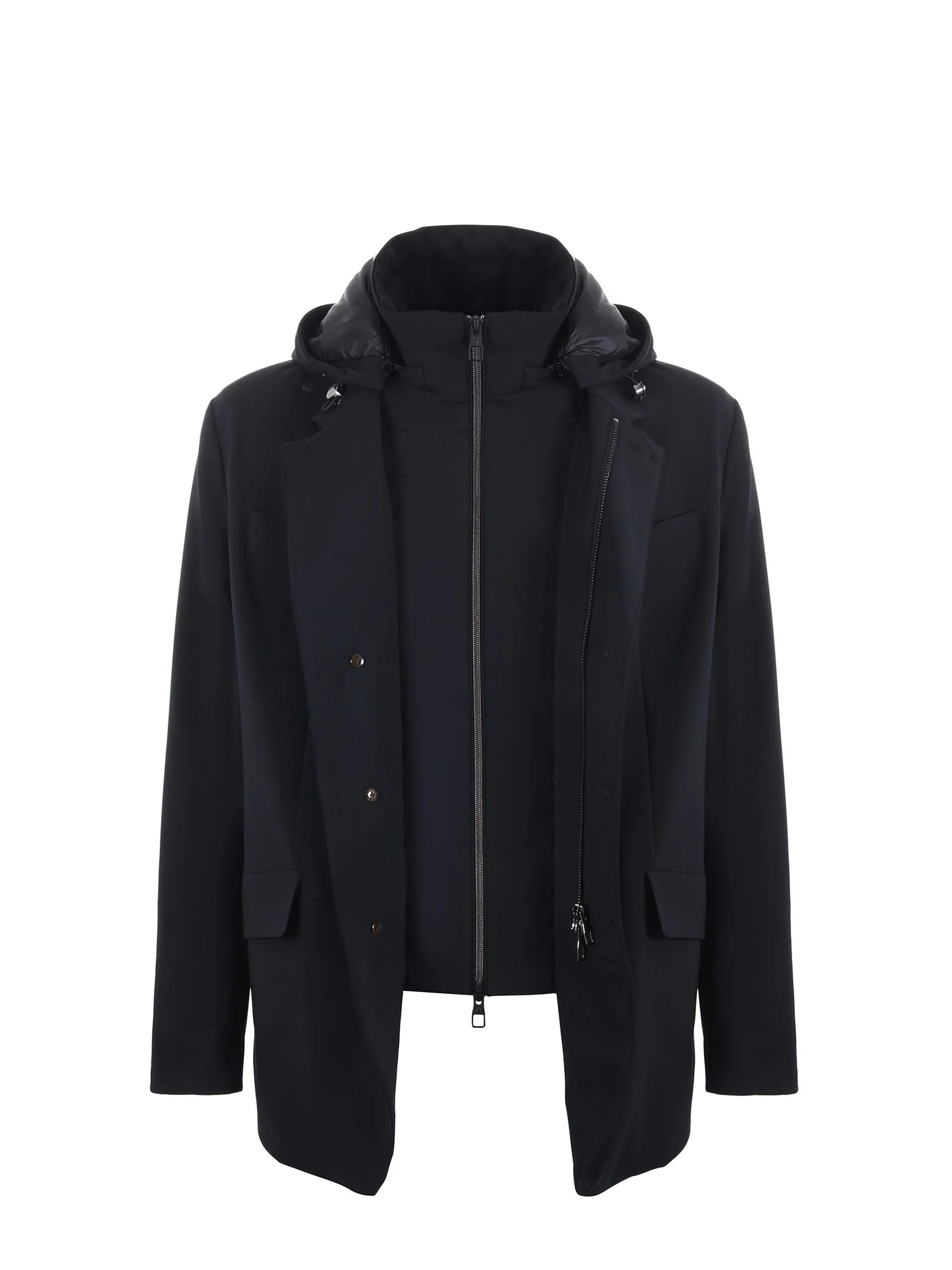 Giacca uomo blu scuro con cappuccio, zip centrale e bottoni, stile elegante casual