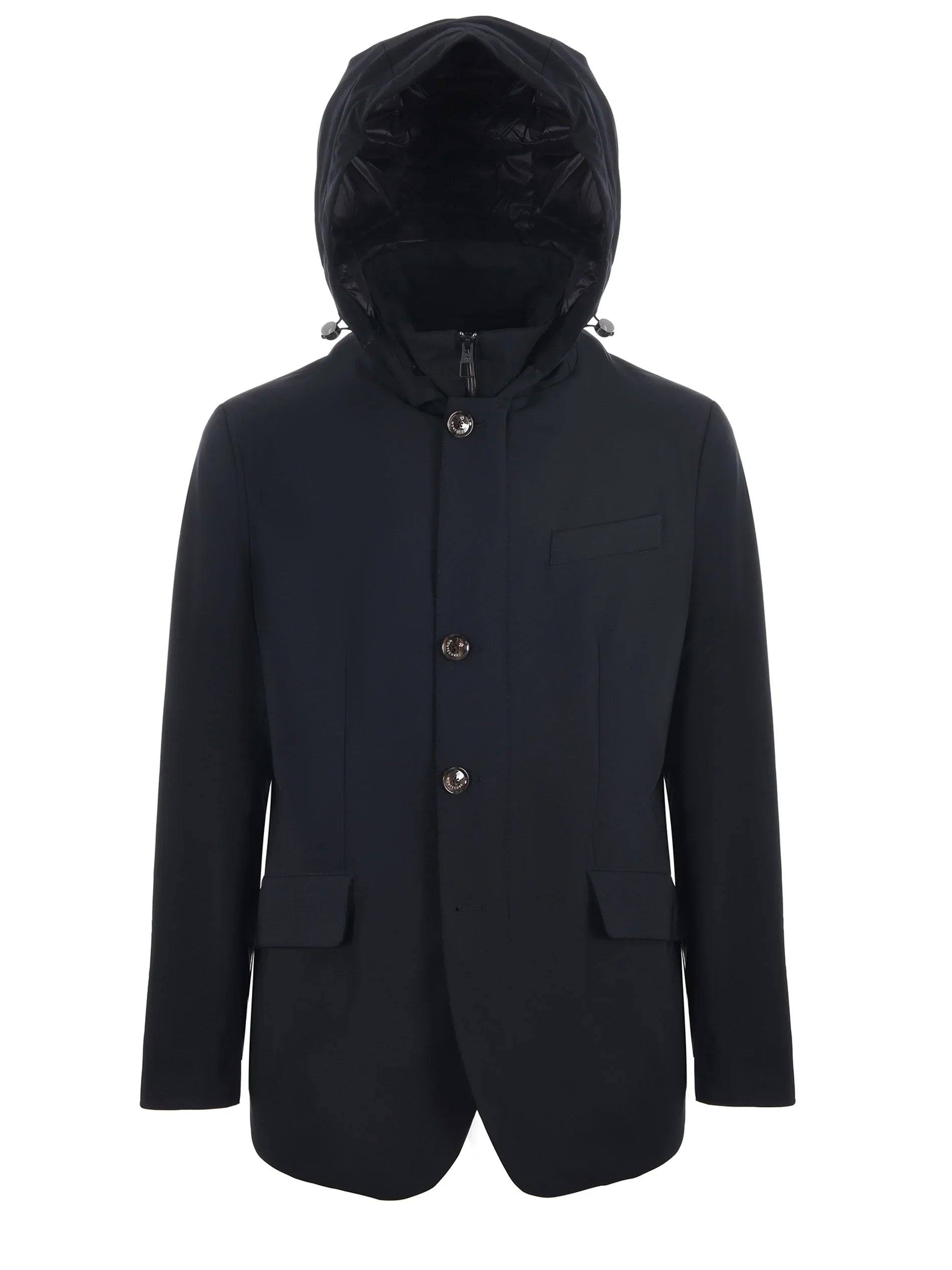 Giacca uomo elegante blu con cappuccio, chiusura a bottoni, stile moderno