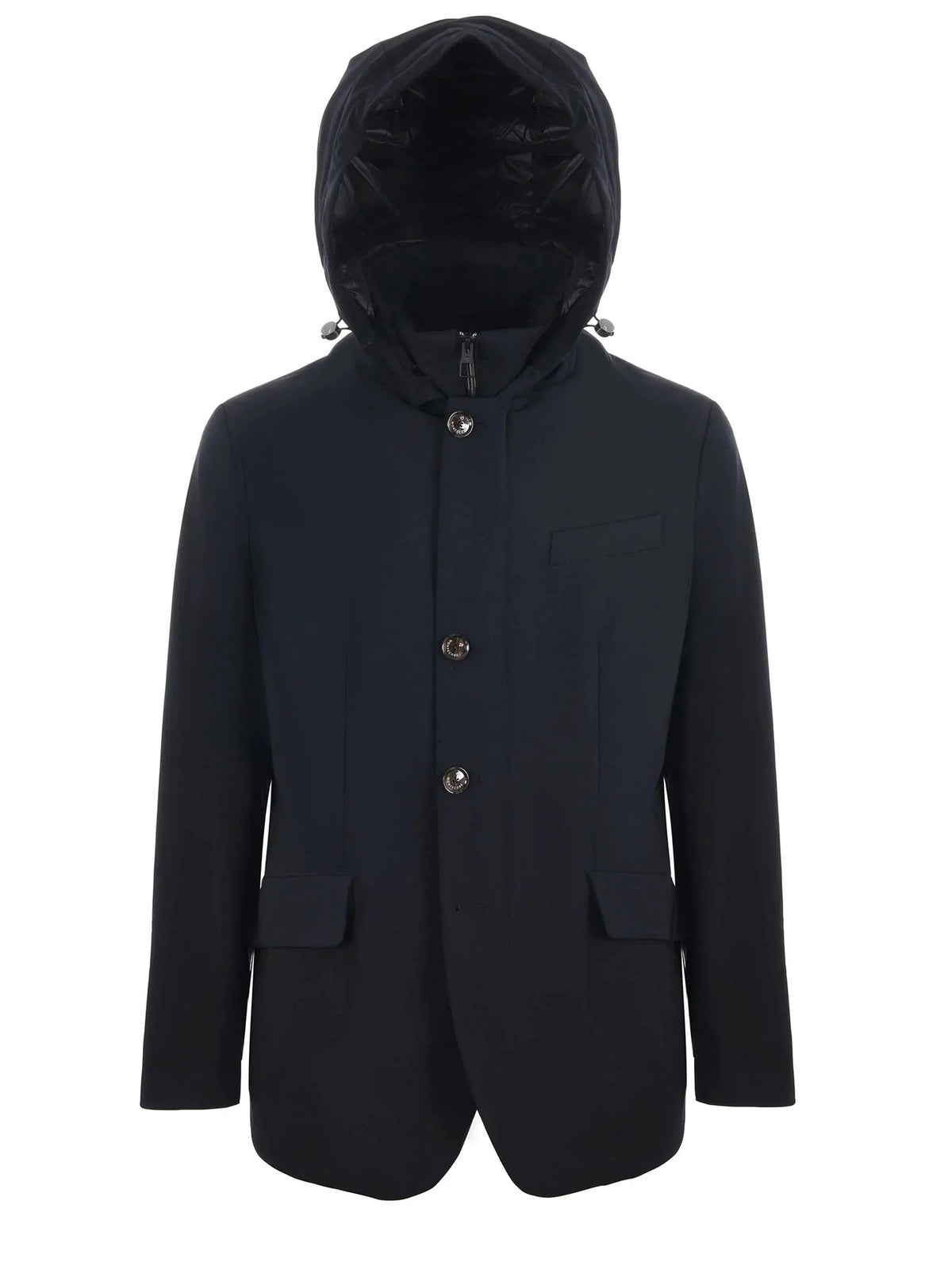 Giacca uomo elegante blu con cappuccio, chiusura a bottoni, stile moderno