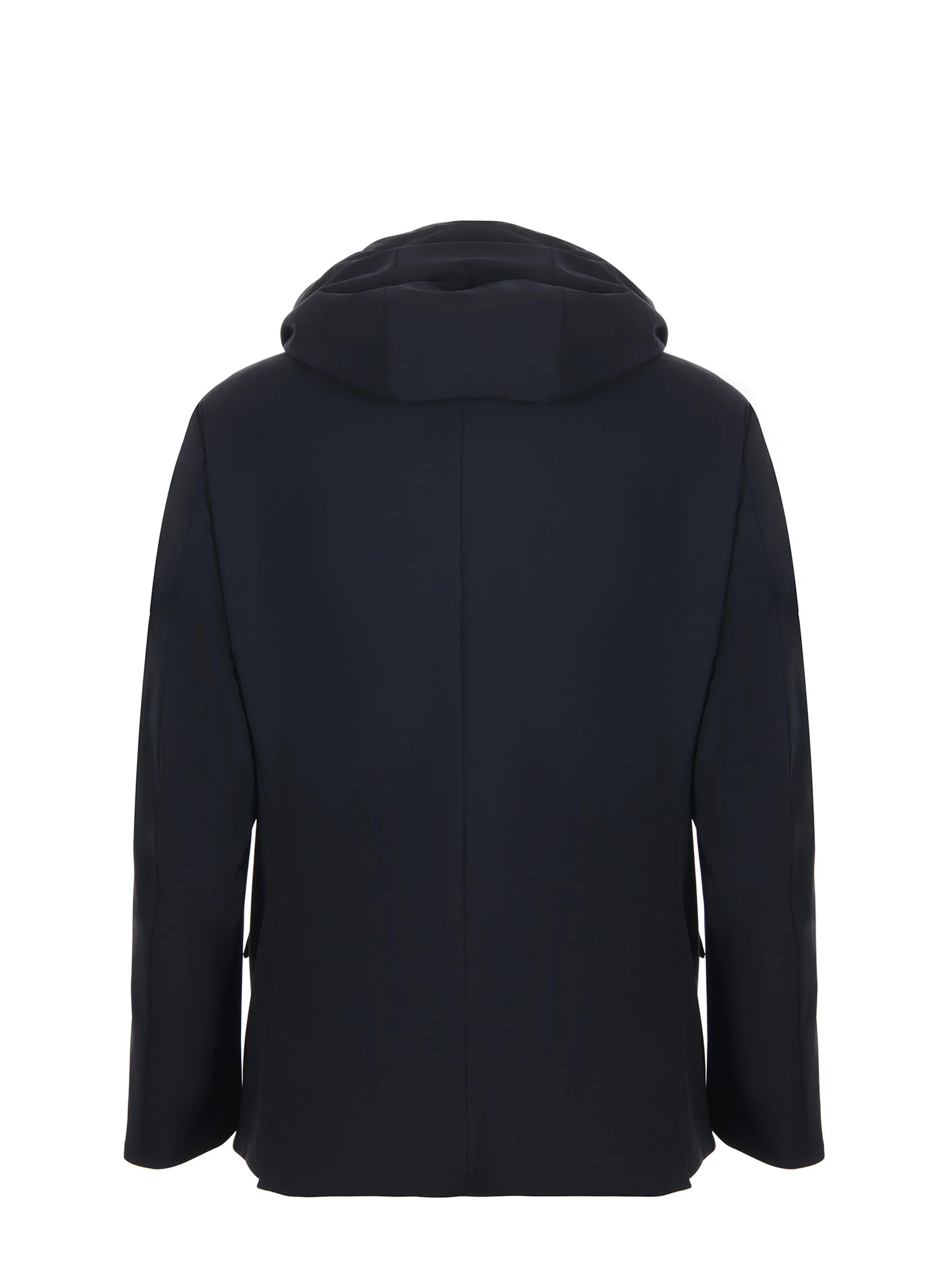 Giacca blu uomo con cappuccio, vista posteriore, stile elegante e moderno.