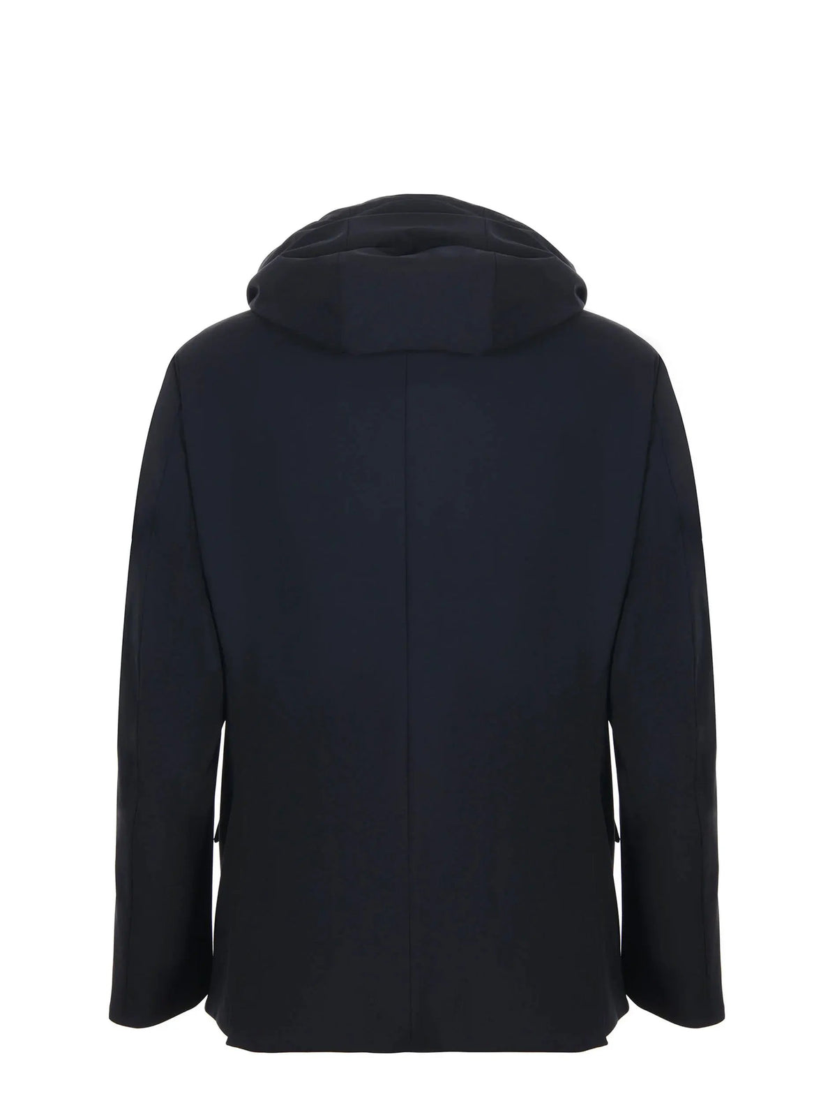 Giacca blu uomo con cappuccio, vista posteriore, stile elegante e moderno.