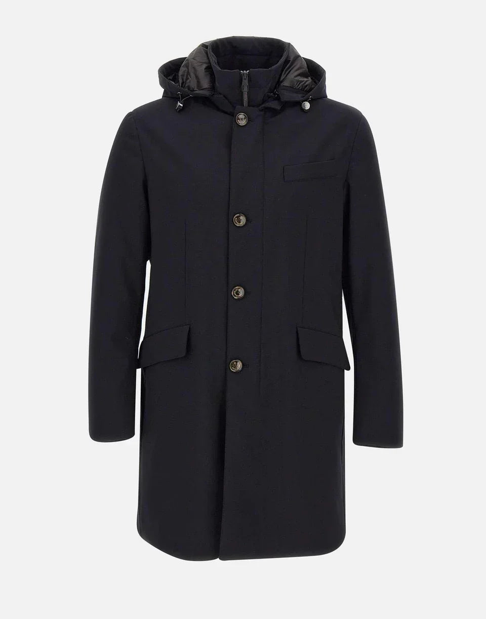 Parka imbottito blu scuro da uomo con cappuccio, maniche lunghe e chiusura a bottoni