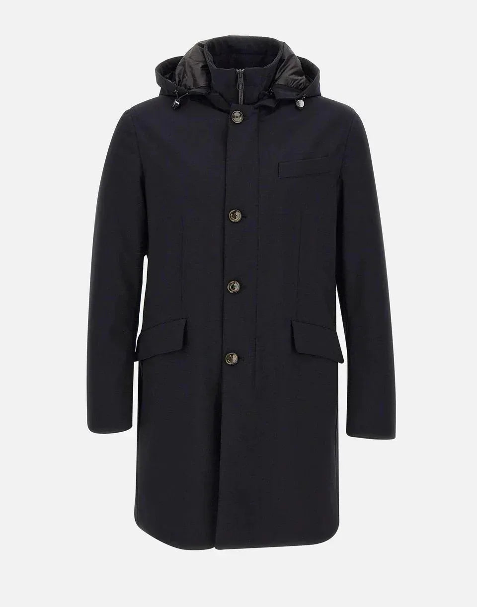 Parka imbottito blu scuro da uomo con cappuccio, maniche lunghe e chiusura a bottoni