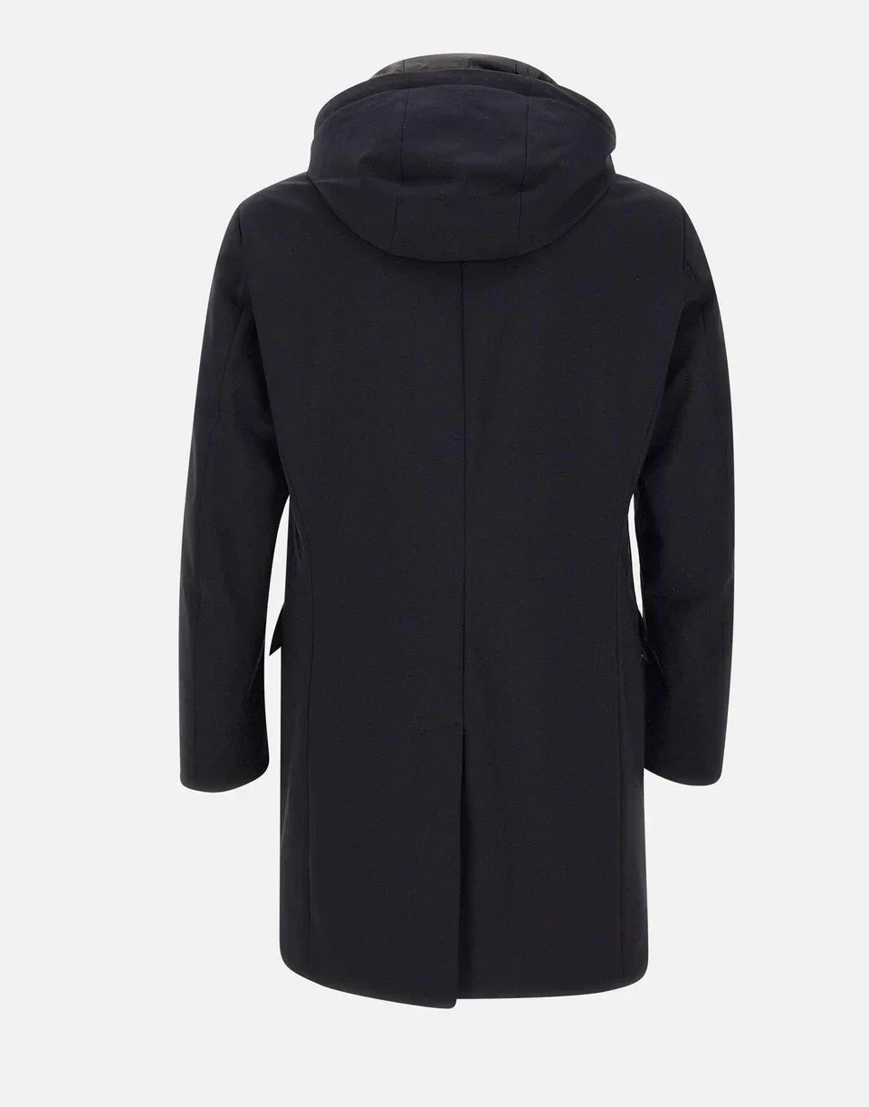 Parka imbottito blu da uomo con cappuccio, visto da dietro, stile elegante invernale