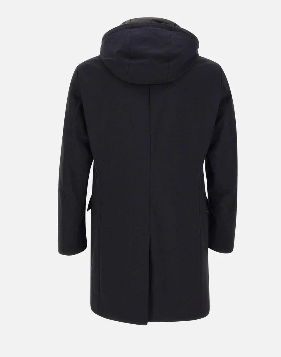 Parka imbottito blu da uomo con cappuccio, visto da dietro, stile elegante invernale