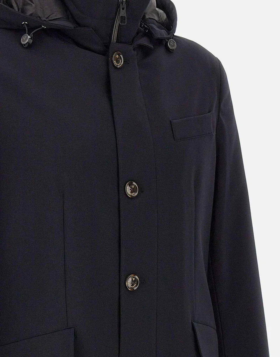 Parka imbottito uomo blu scuro con cappuccio, taschino petto e bottoni, stile elegante
