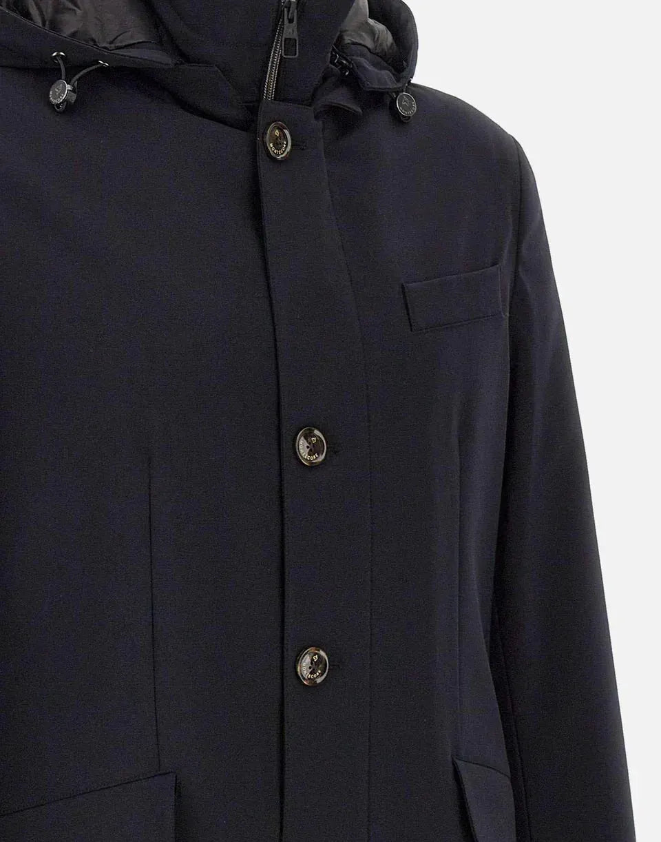 Parka imbottito uomo blu scuro con cappuccio, taschino petto e bottoni, stile elegante