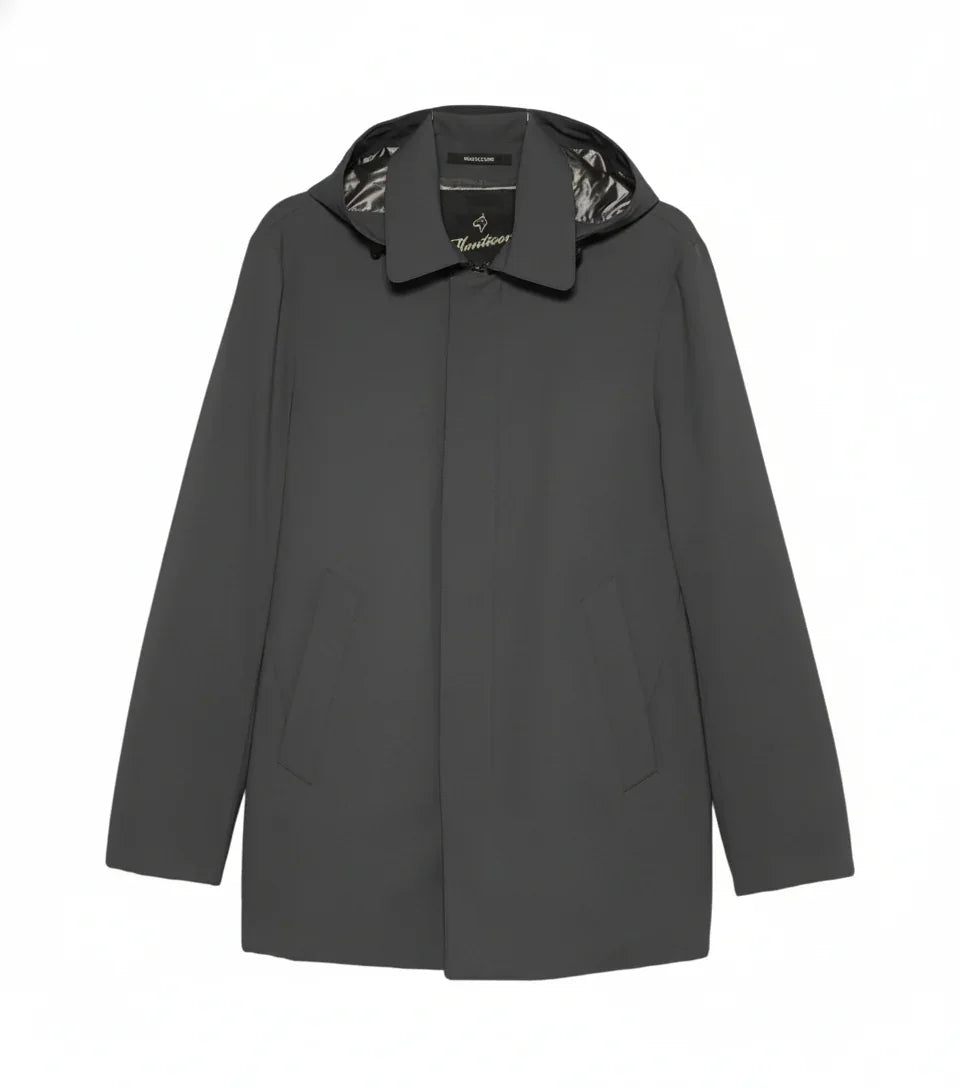Trench uomo grigio antracite con cappuccio e tasche frontali, stile elegante e moderno.