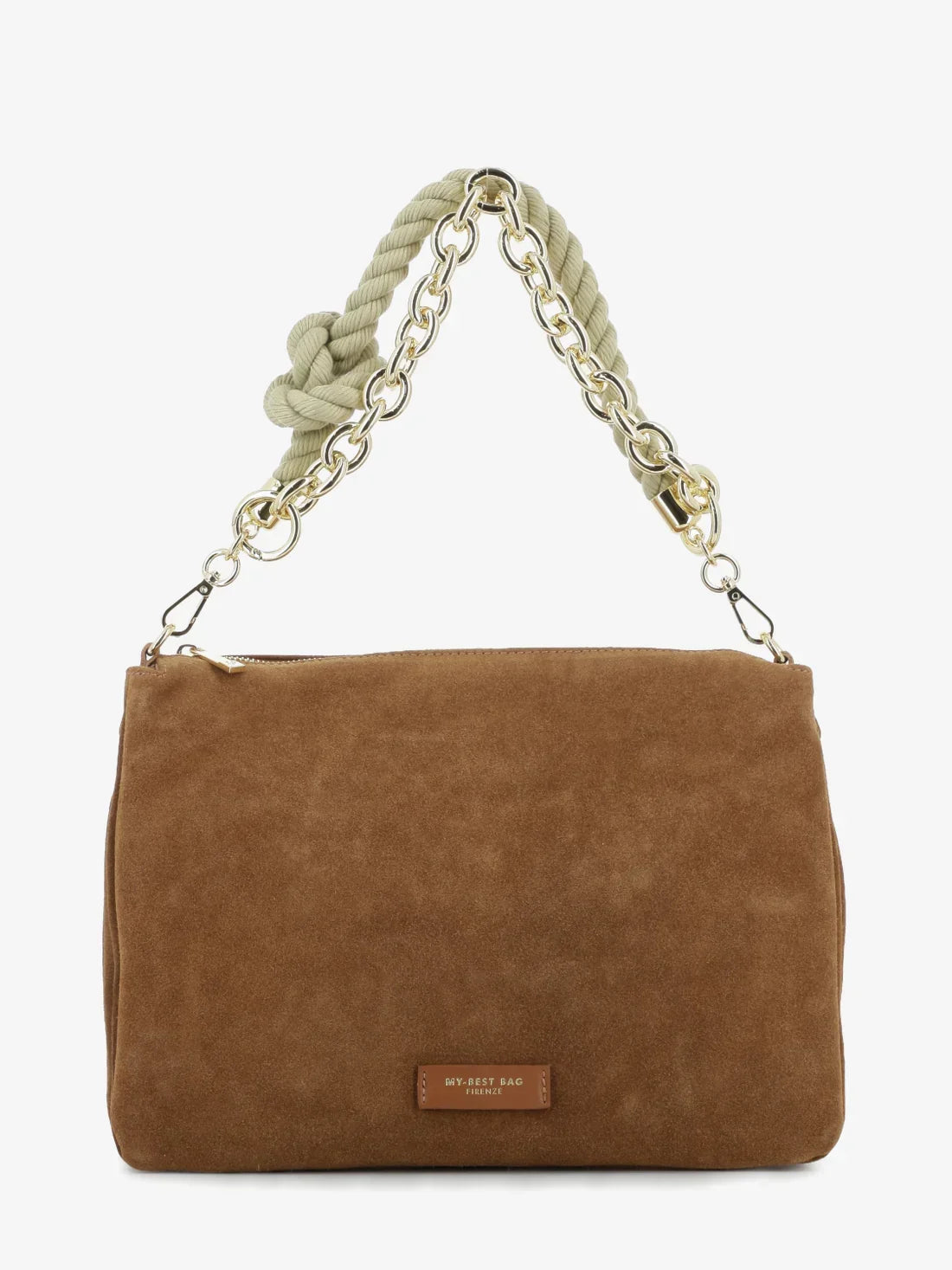 Borsa donna grande in suede cuoio scuro con tracolla a catena oro e corda intrecciata