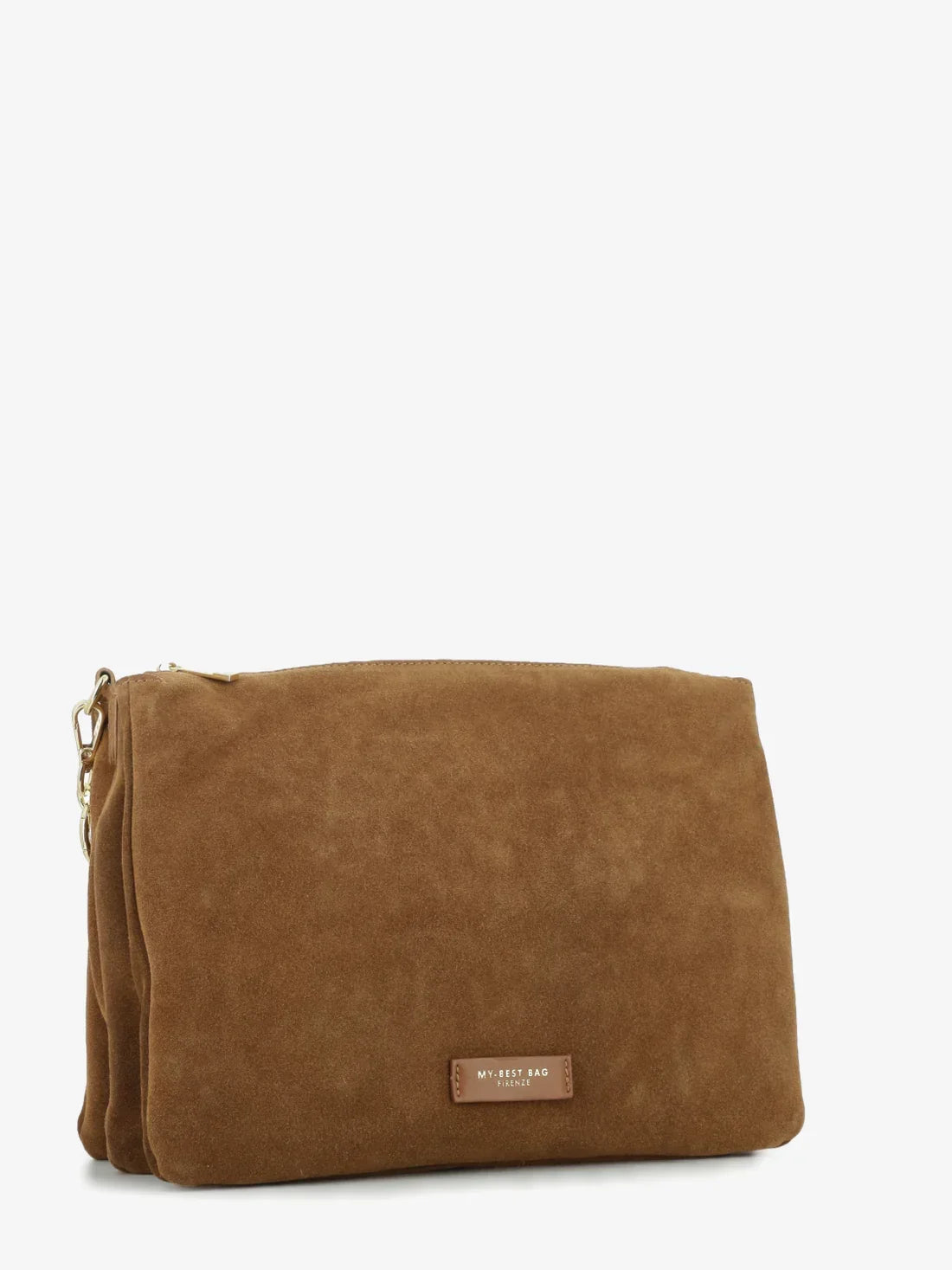Borsa a tracolla grande in suede cuoio scuro, chiusura a zip, design elegante