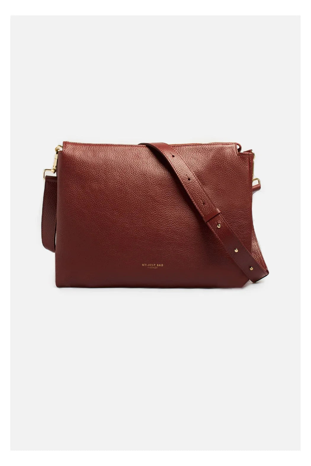 Borsa a tracolla in pelle rossa, texture martellata, dettagli dorati, stile elegante donna