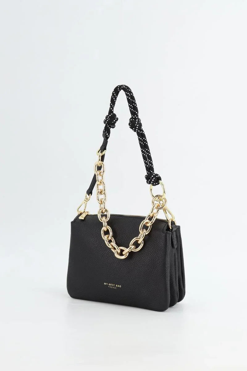 Borsa donna nera elegante con catena dorata e manico in tessuto, accessorio moda