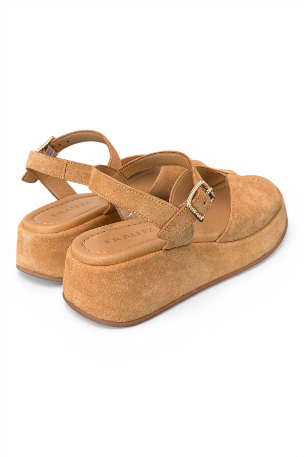 Sandali con plateau Frau 04B2 in pelle scamosciata, vista laterale con dettaglio del tacco e fasce eleganti.