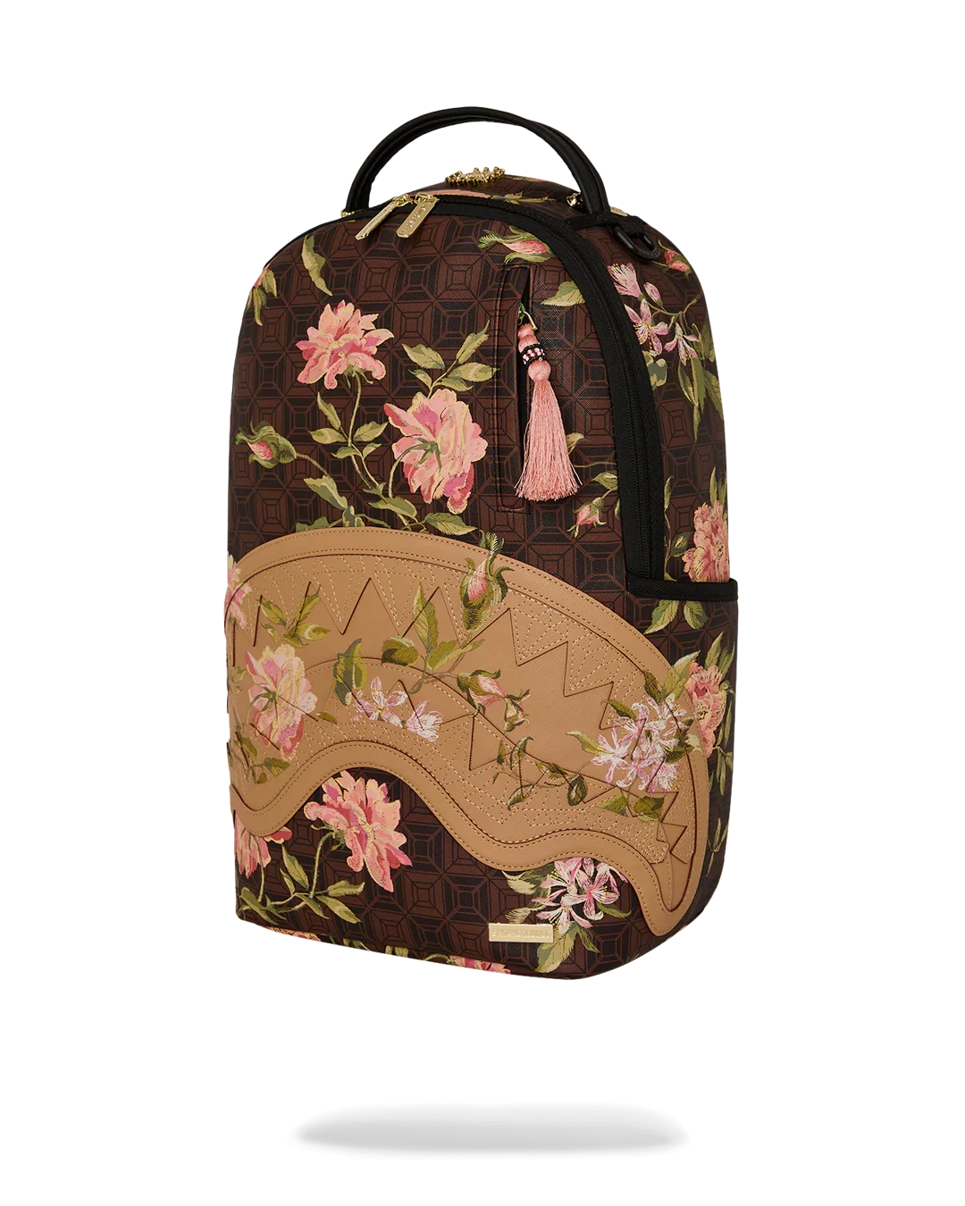 Zaino moda marrone con motivi floreali rosa e inserti in pelle beige, accessorio trendy donna