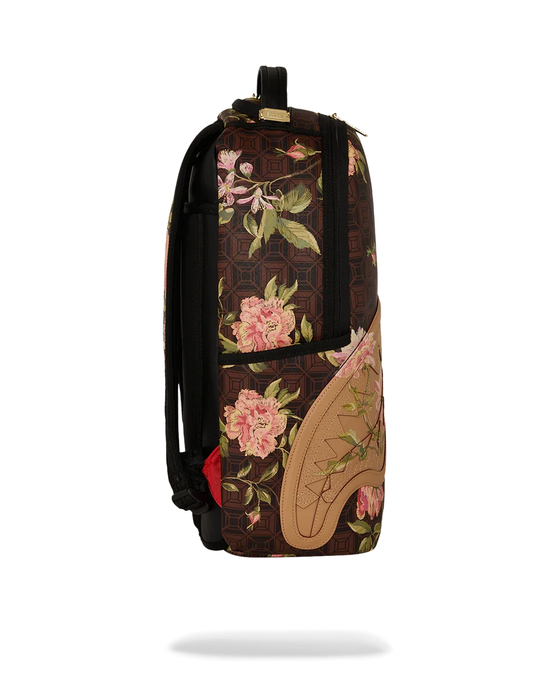 Zaino marrone fantasia floreale con dettagli in ecopelle beige vista laterale