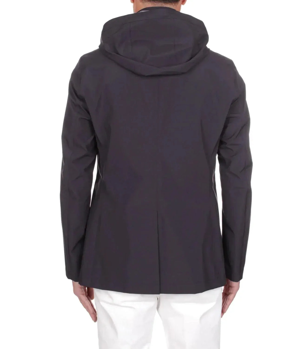 Giacca uomo nera con cappuccio vista posteriore, abbigliamento elegante moderno