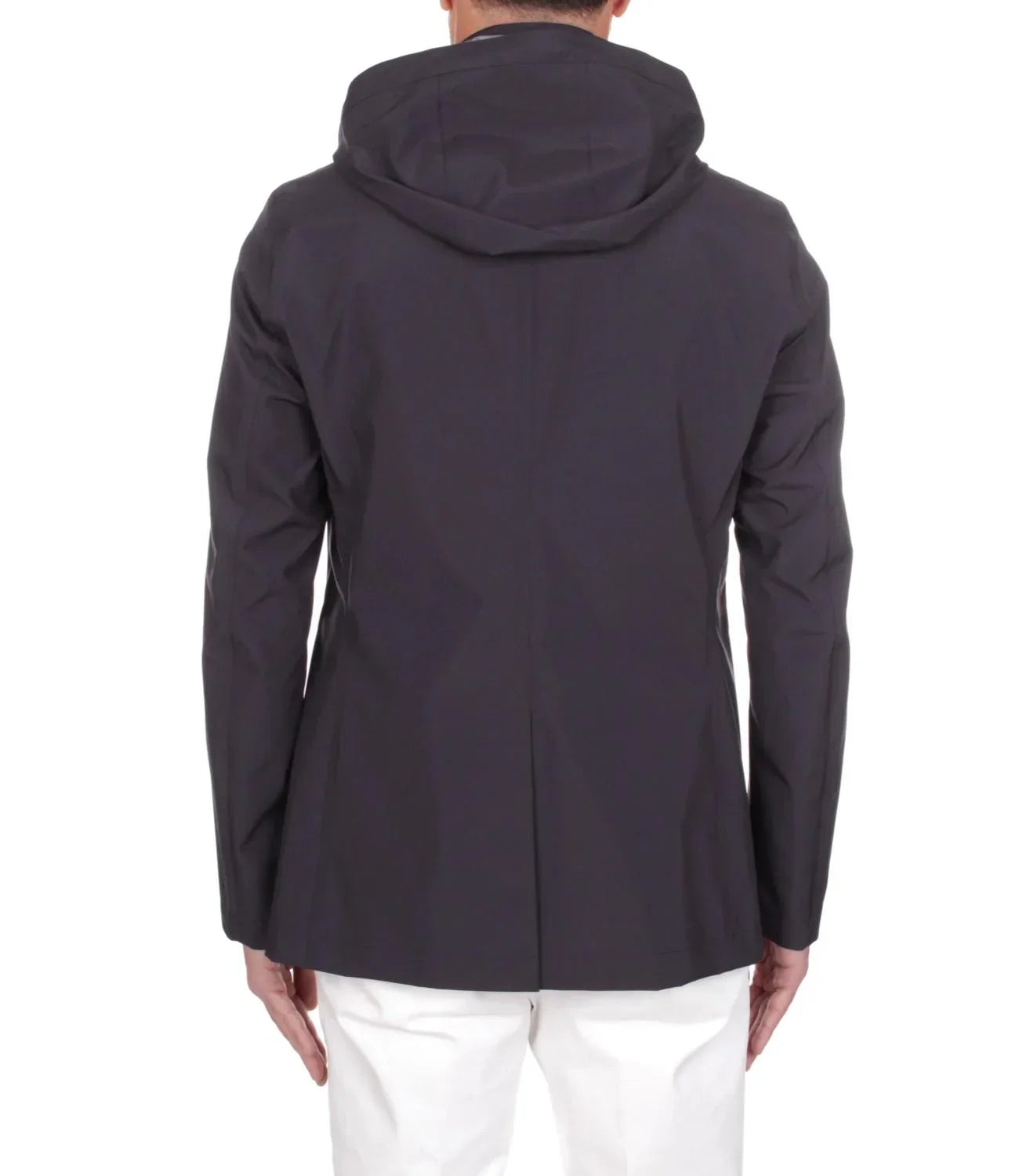 Giacca uomo nera con cappuccio vista posteriore, abbigliamento elegante moderno