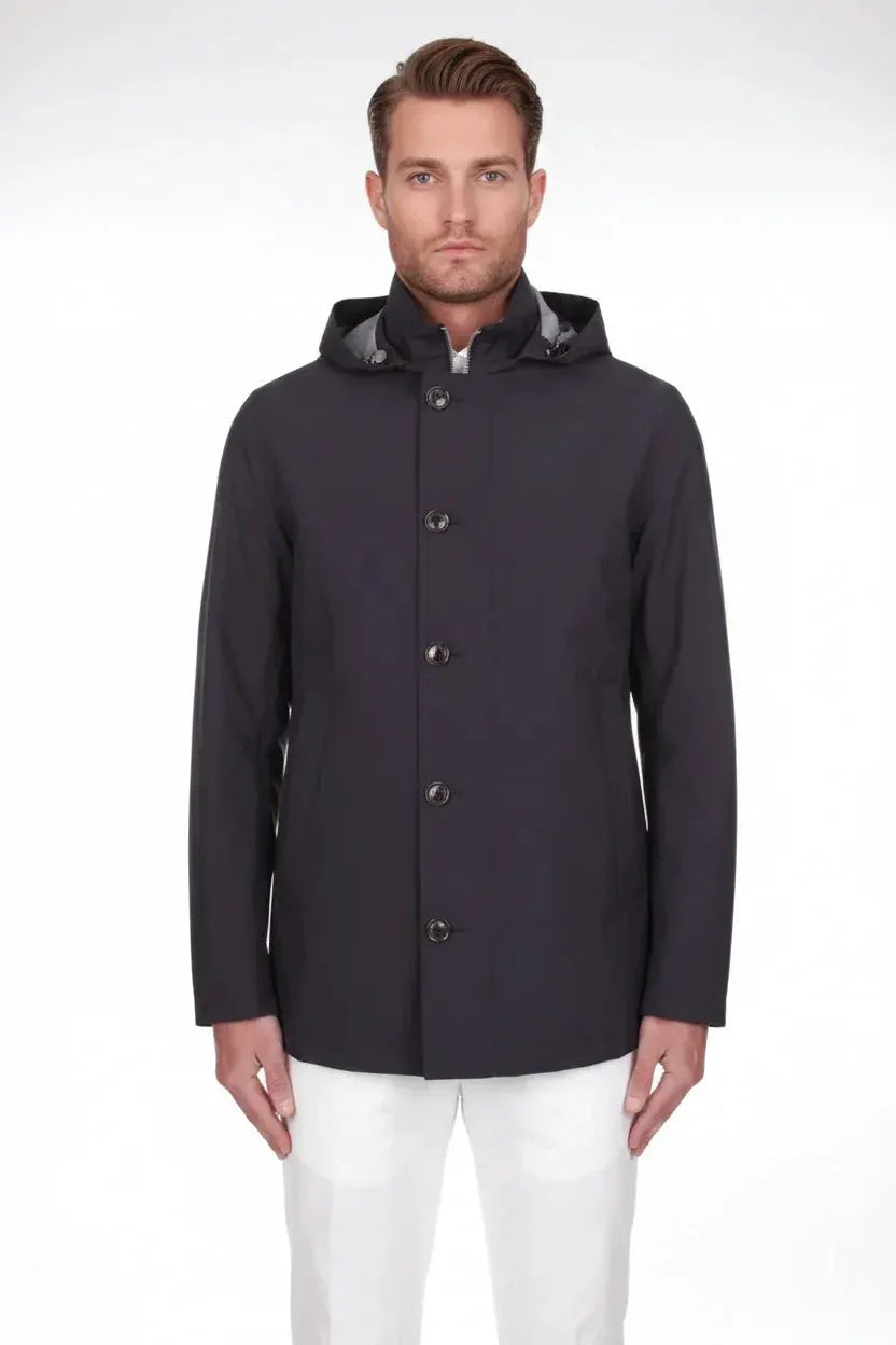 Giacca uomo blu scuro con cappuccio, abbottonatura frontale, stile elegante, moda uomo