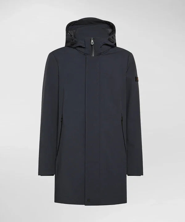 Trench uomo blu scuro con cappuccio, tessuto tecnico antipioggia e antivento