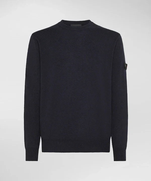 Maglione uomo blu scuro in tricot misto lana, girocollo, maniche lunghe semplice