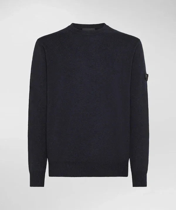Maglione uomo blu scuro in tricot misto lana, girocollo, maniche lunghe semplice