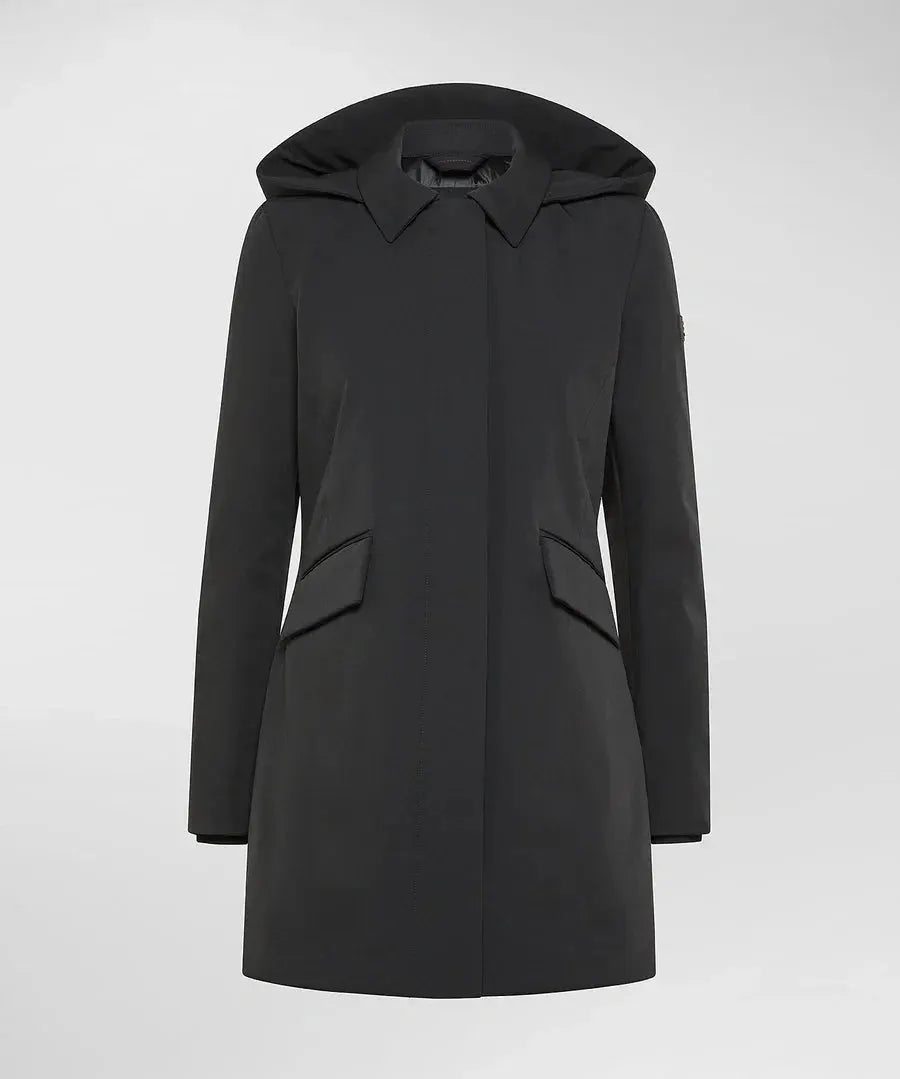 Trench nero da donna con cappuccio e taglio slim, giacca elegante autunno inverno