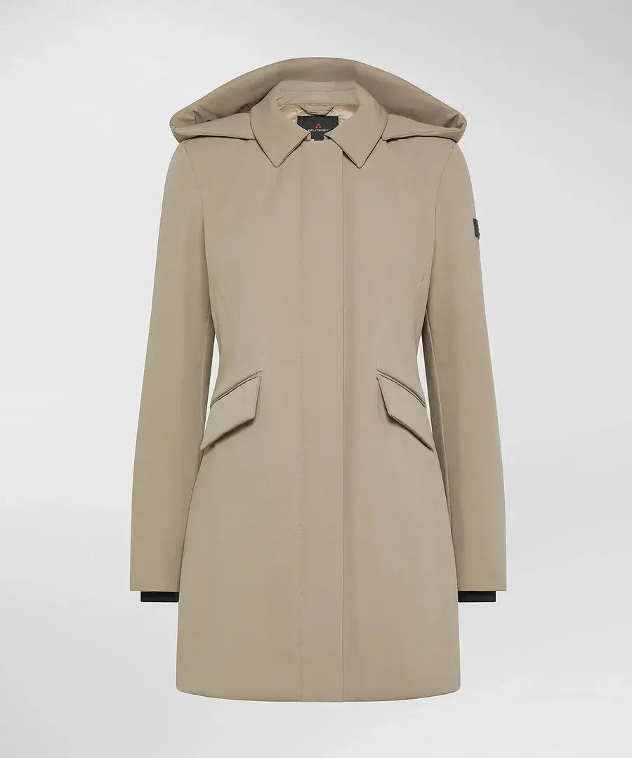 Trench donna beige slim fit con cappuccio, tasche oblique, design elegante