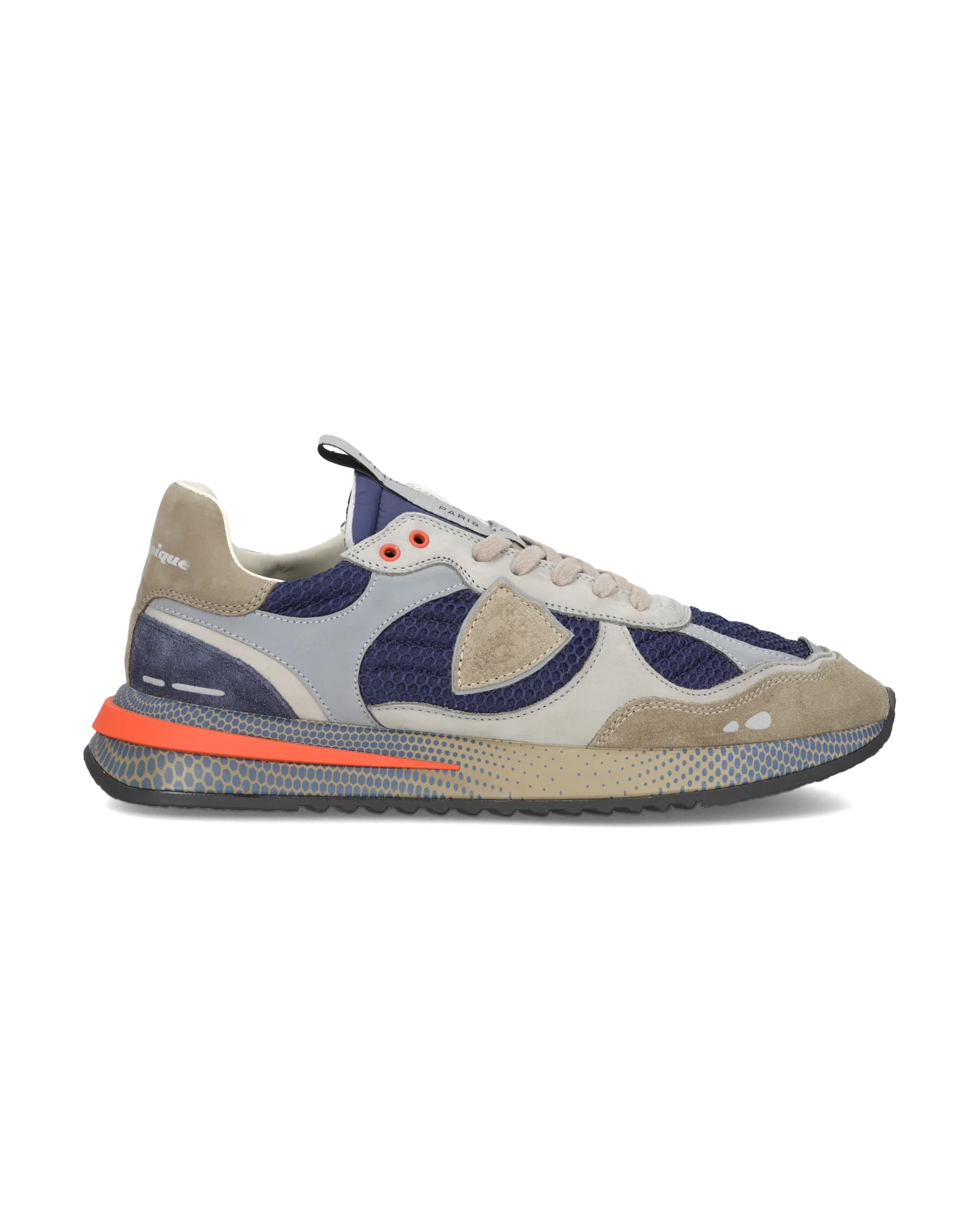 Sneaker bassa da uomo blu e grigia con dettagli beige, suola decorata e profilo arancione