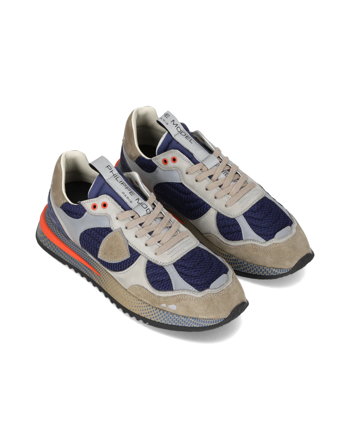 Sneakers uomo blu e grigie con inserti beige e dettagli arancioni, stile moderno sportivo