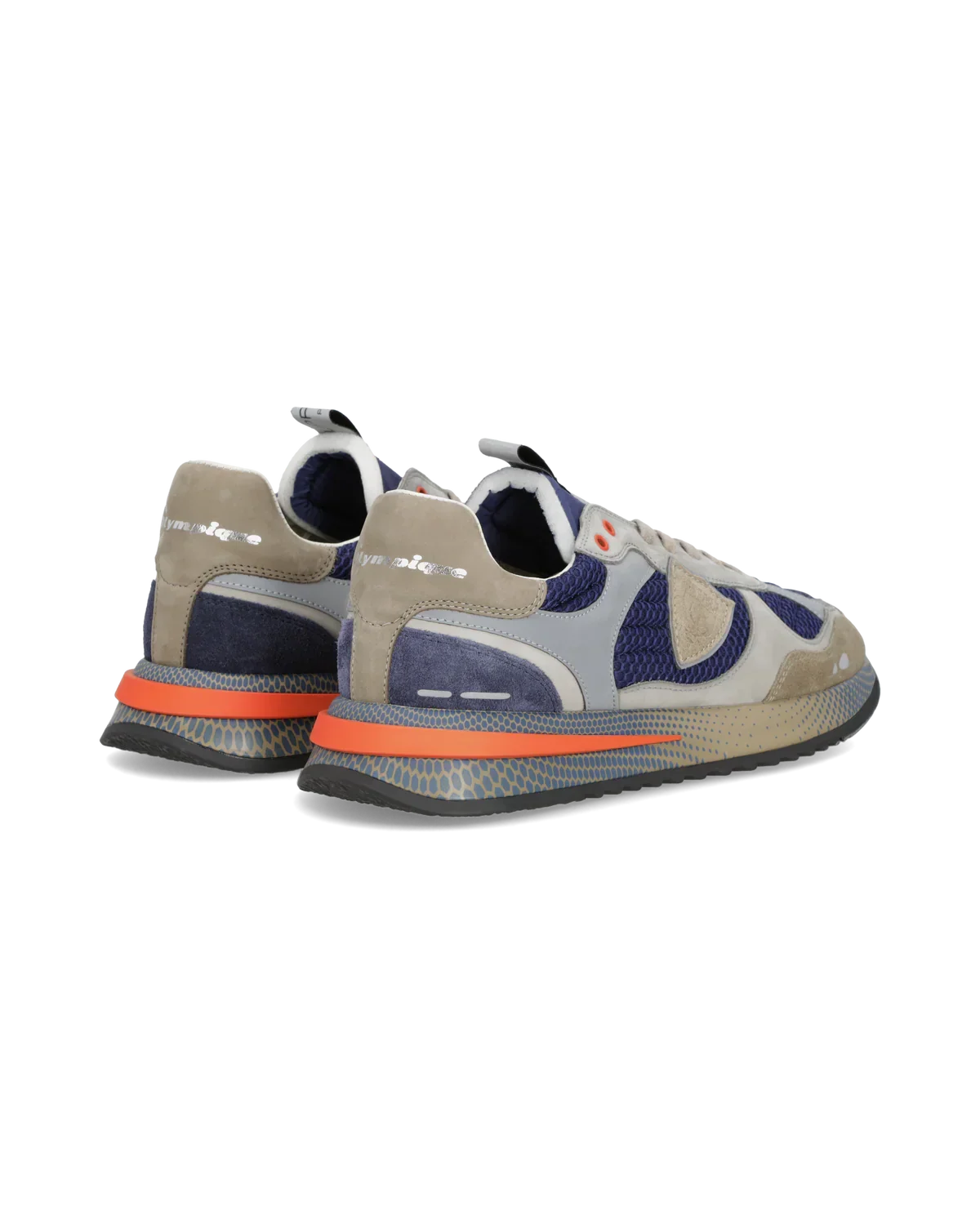 Sneakers uomo blu e grigie con dettagli beige e suola colorata, design moderno