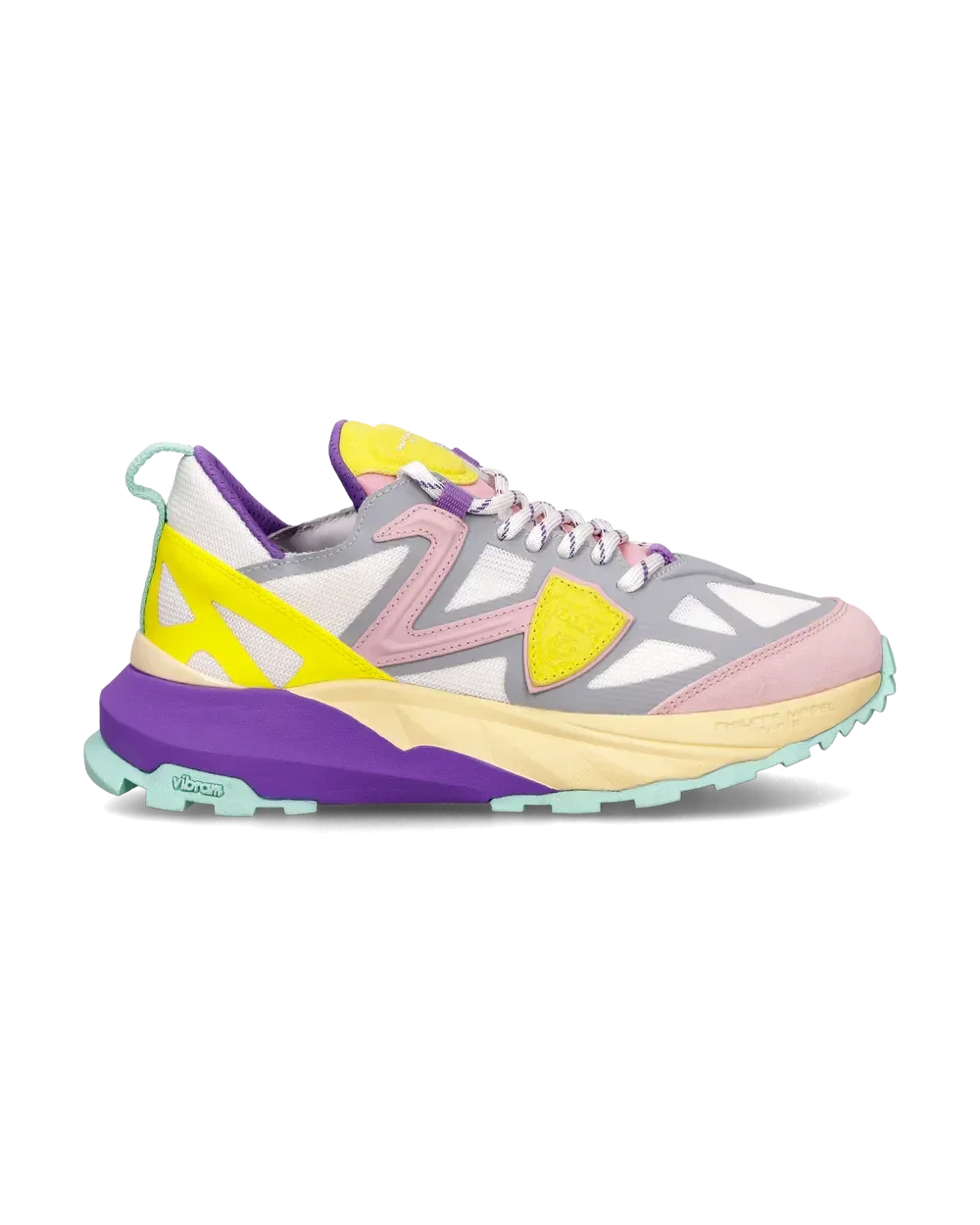 Sneaker donna multicolore con dettagli rosa, giallo e viola, suola Vibram chunky, stile sportivo.