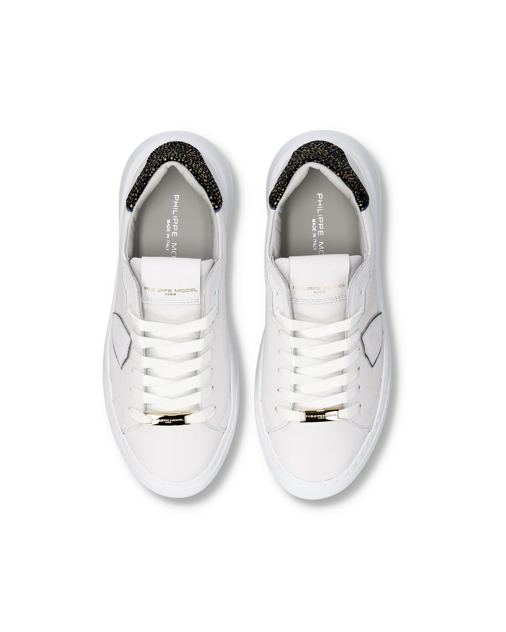 PHILIPPE MODEL BTLD VML2 SNEAKER TEMPLE LOW VEAU METAL LEO BLANC NOIR - Atelier Fratelli Carbè