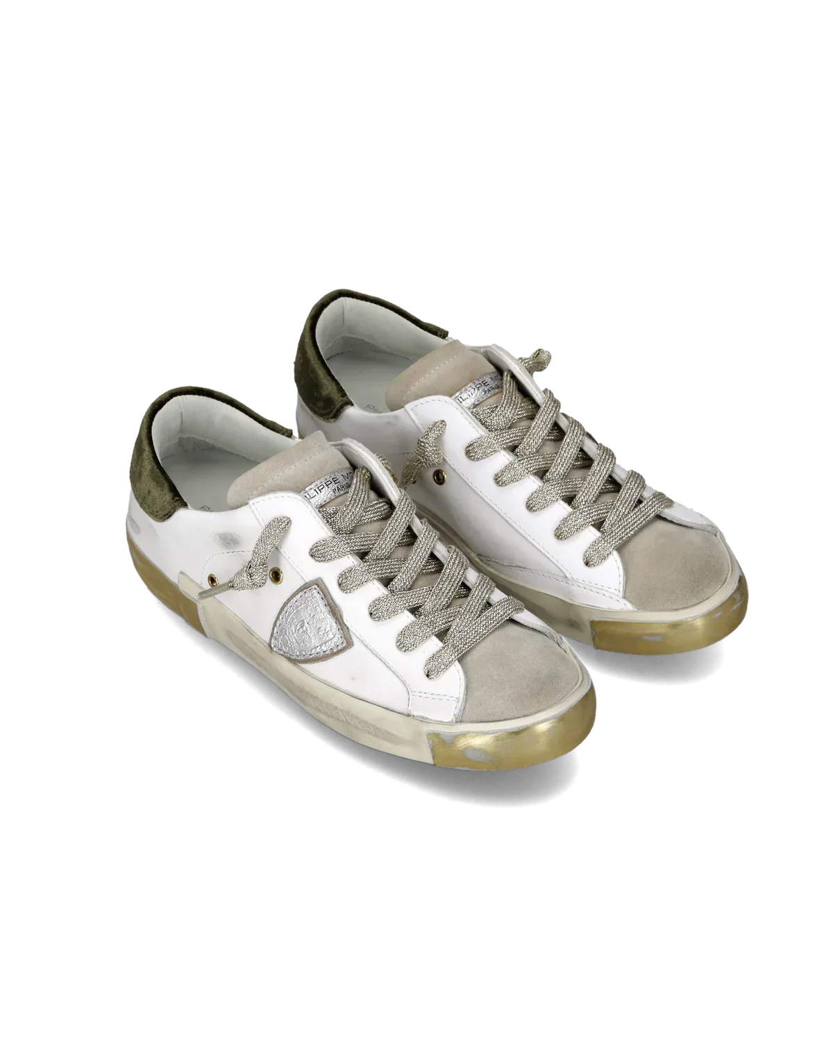 Sneakers basse uomo in pelle e suede bianche con dettagli verde militare e inserti metallici