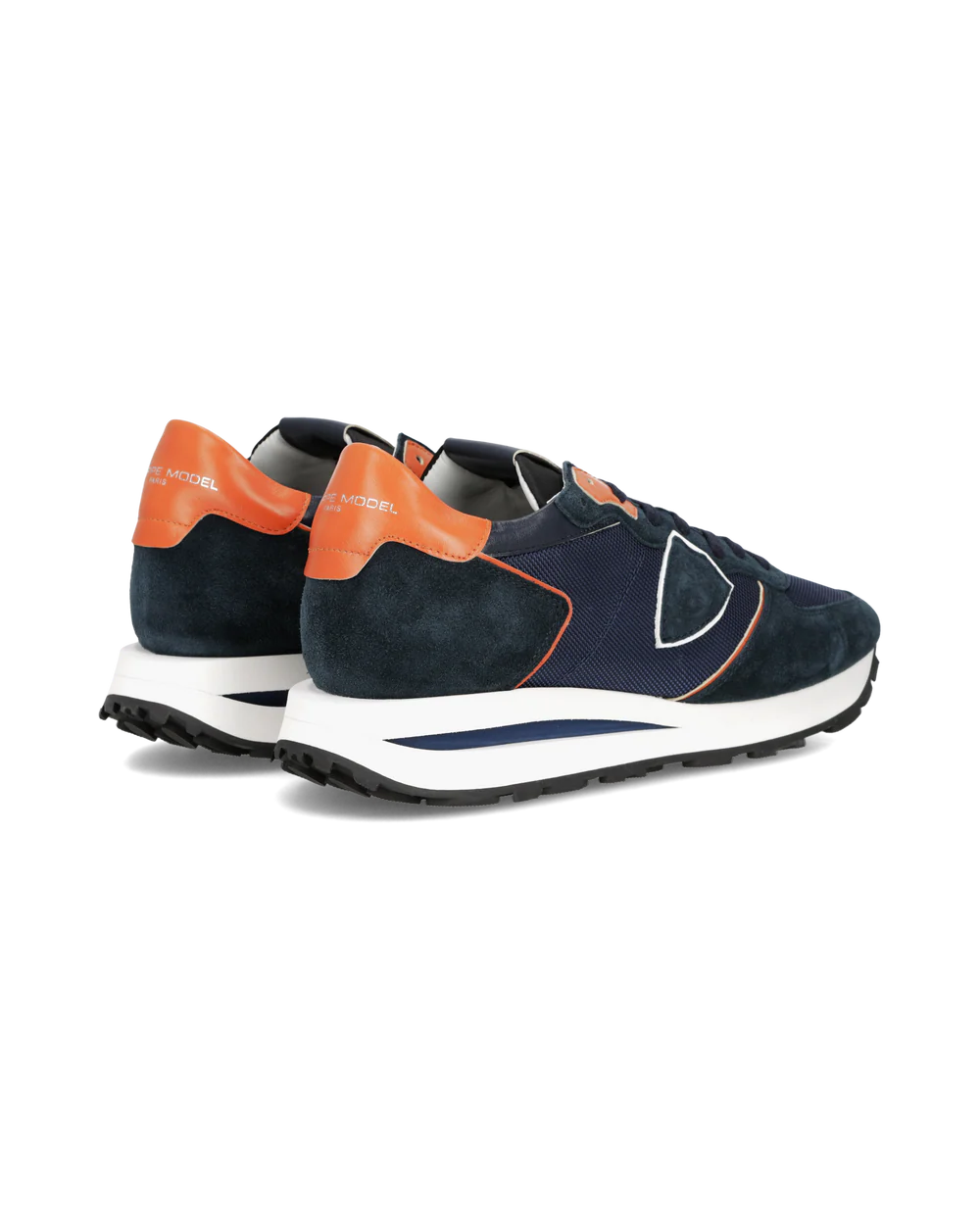 Sneakers uomo blu e arancioni con dettagli bianchi, suola bianca e fondo nero